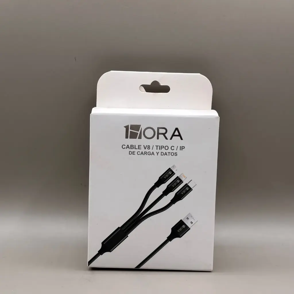 1HORA Cable 3 en 1 V8 / Tipo C / IP 2.1A (Negro)